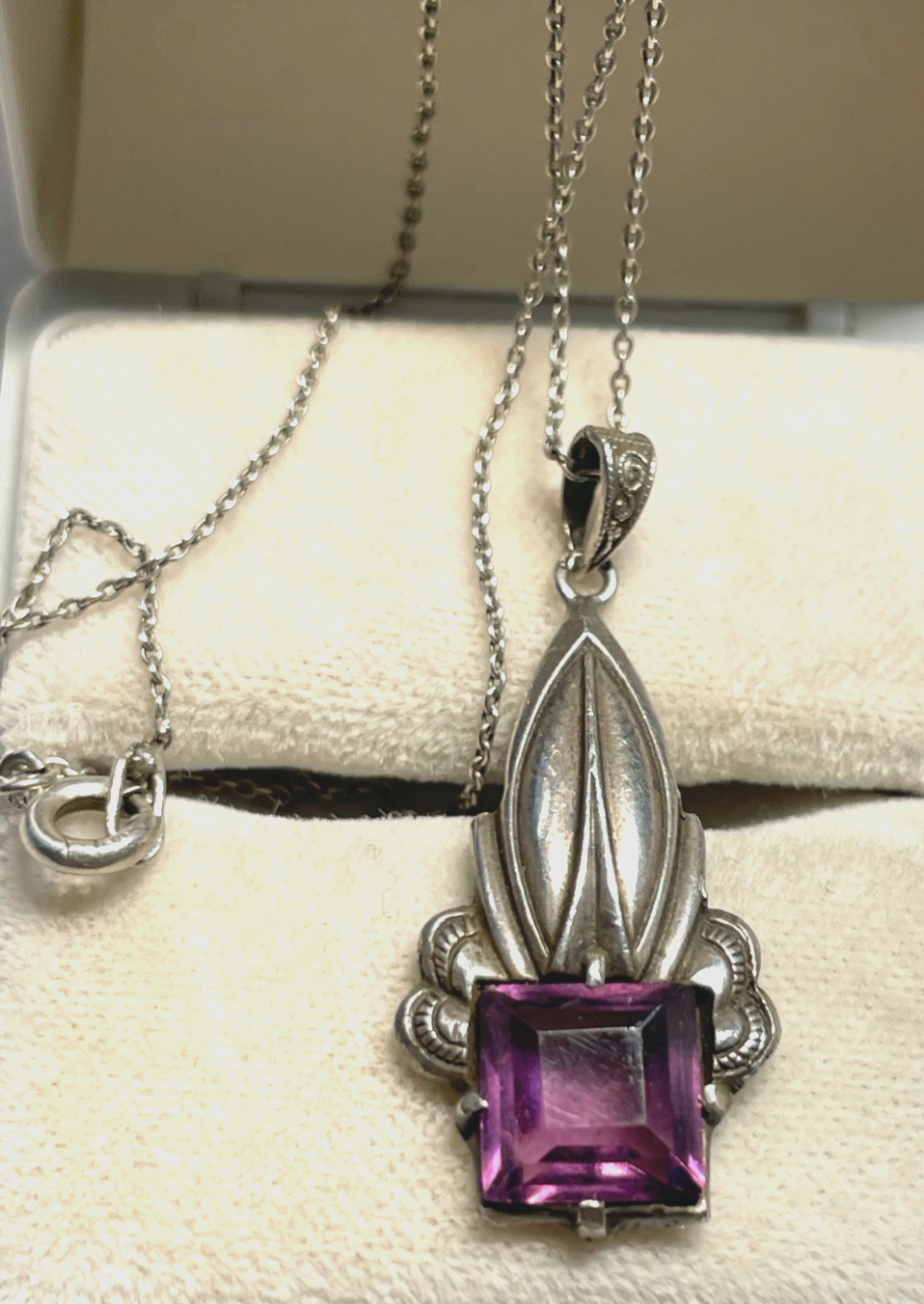 Original 800 Silber Art Déco Amethyst Anhänger an feiner Silberkette 46 cm lang1