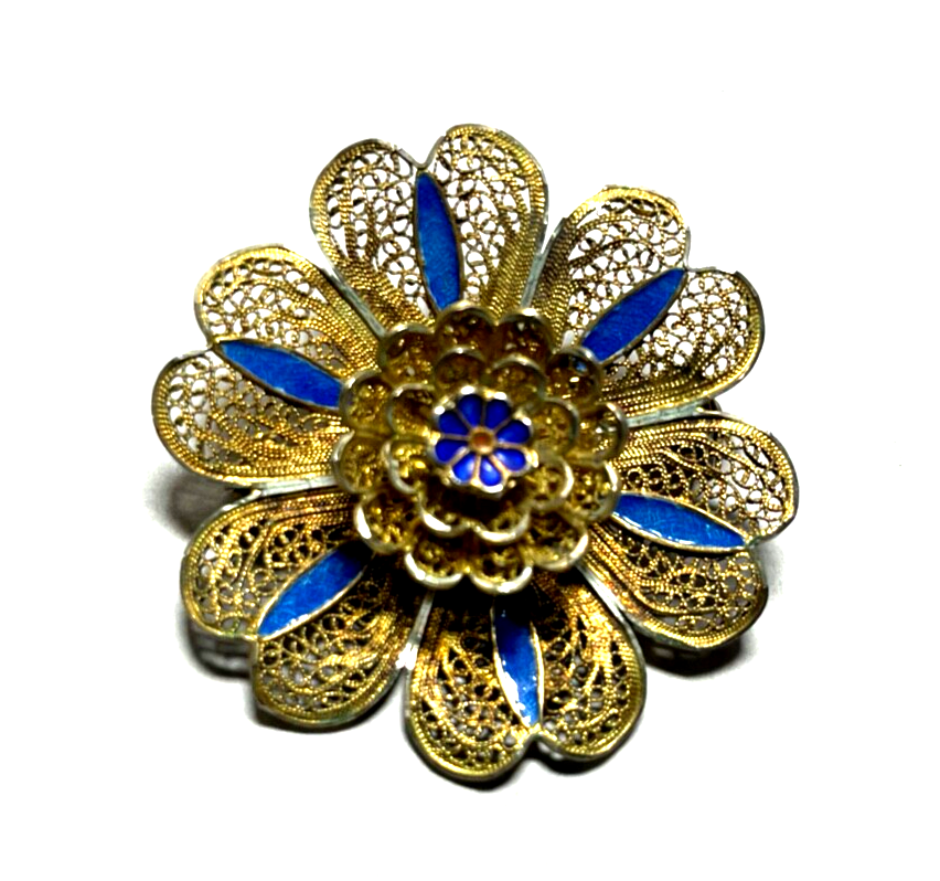 Antik 800 Silber vergoldet Etagen Brosche Blume filigran teils emailliert gepfl.0