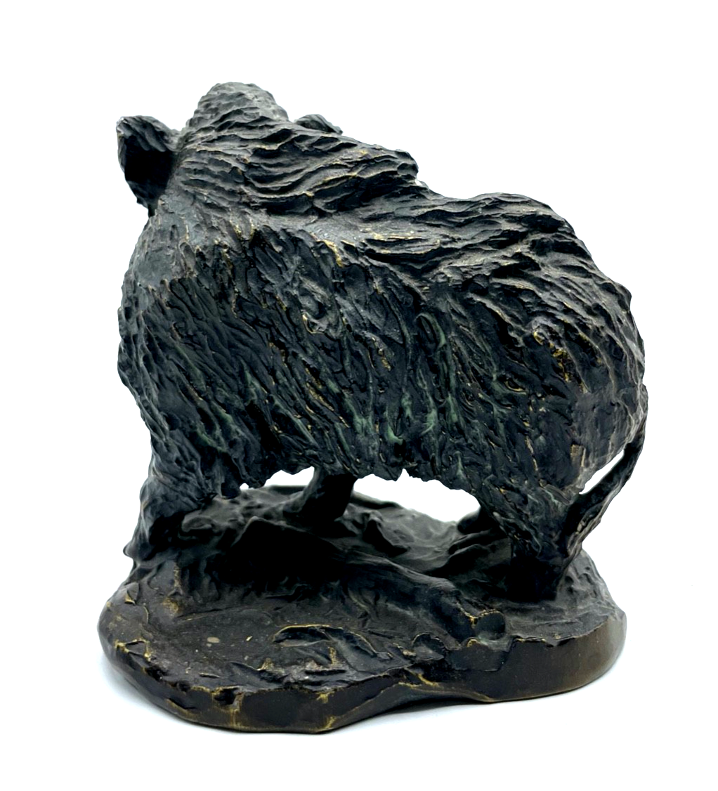 * Vintage Tierplastik Bronze Metallguß Wildsau Wildschwein Keiler Figur Patina8