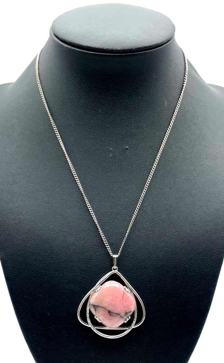 70er J Design 835 Silber Anhänger Rhodochrosit Cabochon Amulett an Silber Kette1