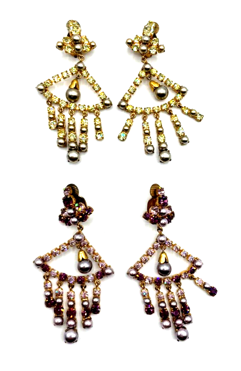 2 Paar vintage prächtige Strass Ohrhänger Clips Hollywood Glamour 50er Jahre0