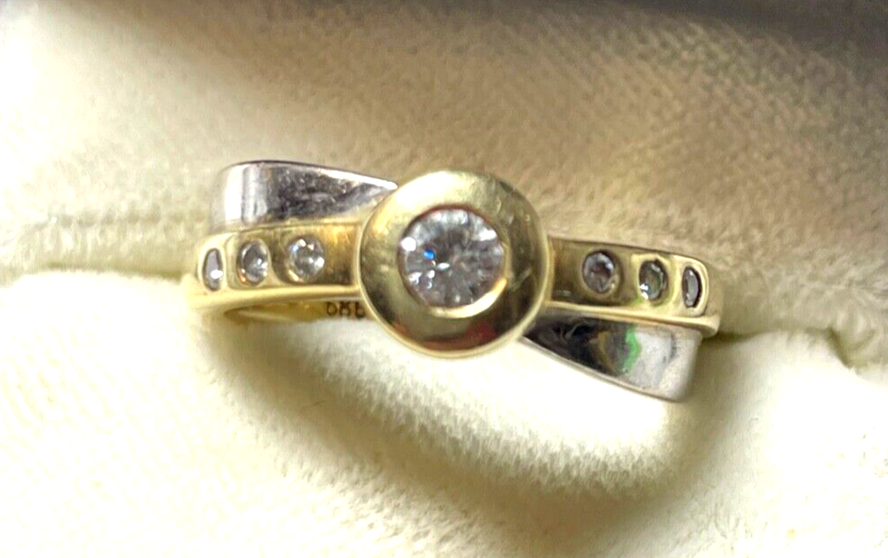 Massiver 585 Gold 14 K bicolor Ring 7 Brillanten Juwelier 5,22 Gr. RG 54 gepfl.0
