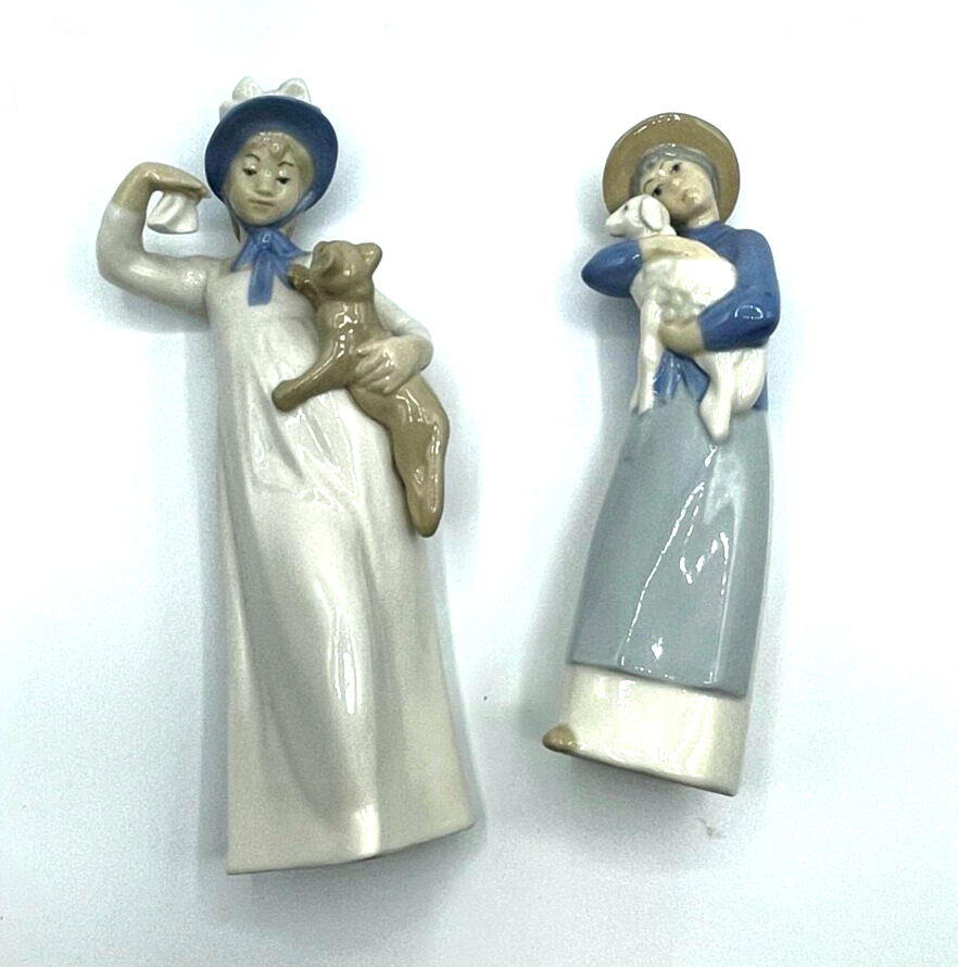 REX Valencia Spain 2 x Porzellan Figur Mädchen mit Katze und Mädchen mit Lamm1