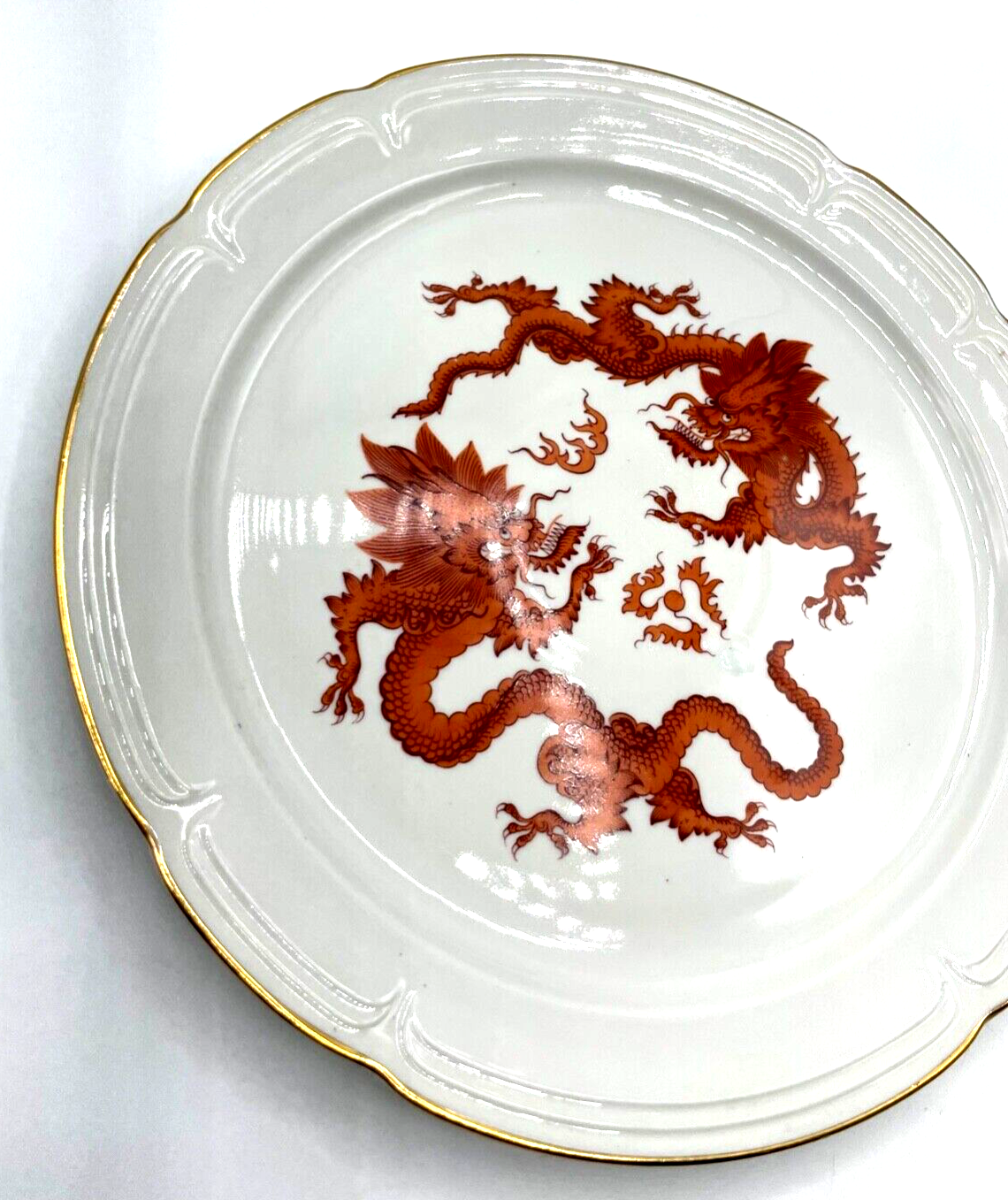 Vintage PGH Porzellan Teller roter Drache handgemalt Goldrand Ø 28,5 cm gepflegt3