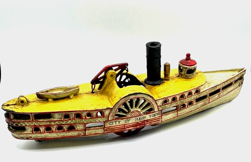 Orig. antik Gusseisen Spielzeug Seitenrad-Dampfer Raddampfer City of New York0