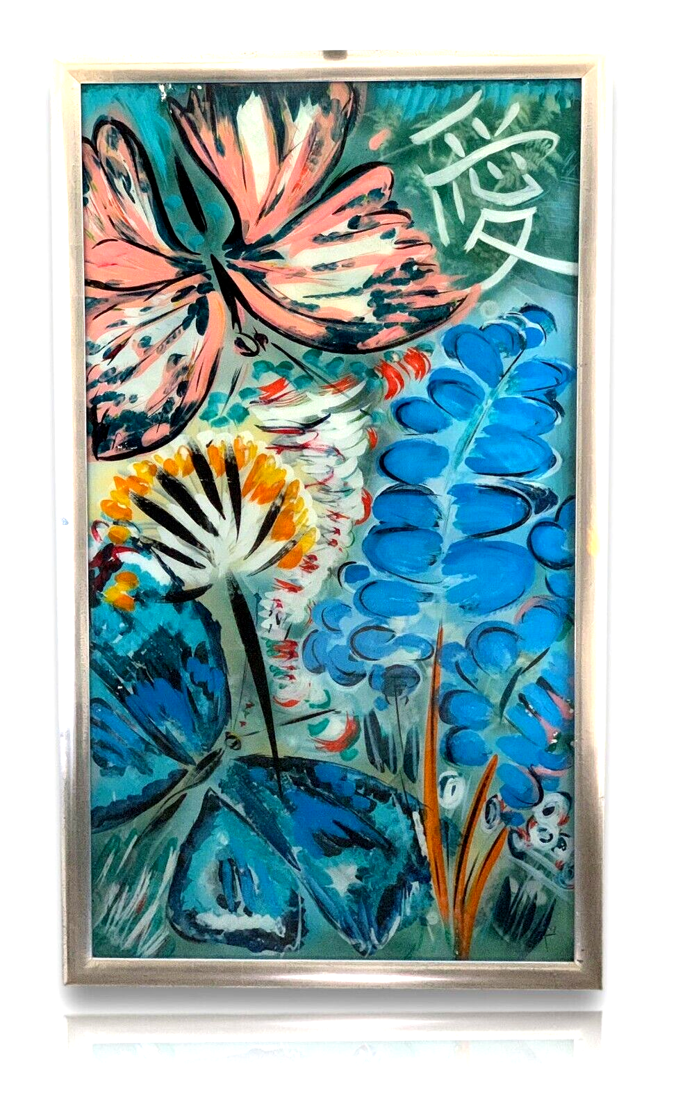 XL Hinterglasmalerei - moderne Kunst - Blumen mit Schmetterling - Monogrammist0