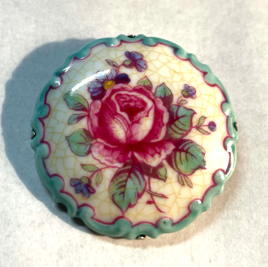 Antik Rosenthal Porzellan Brosche 20er 30er J Rosen Motiv Ø 47 mm handgemalt2
