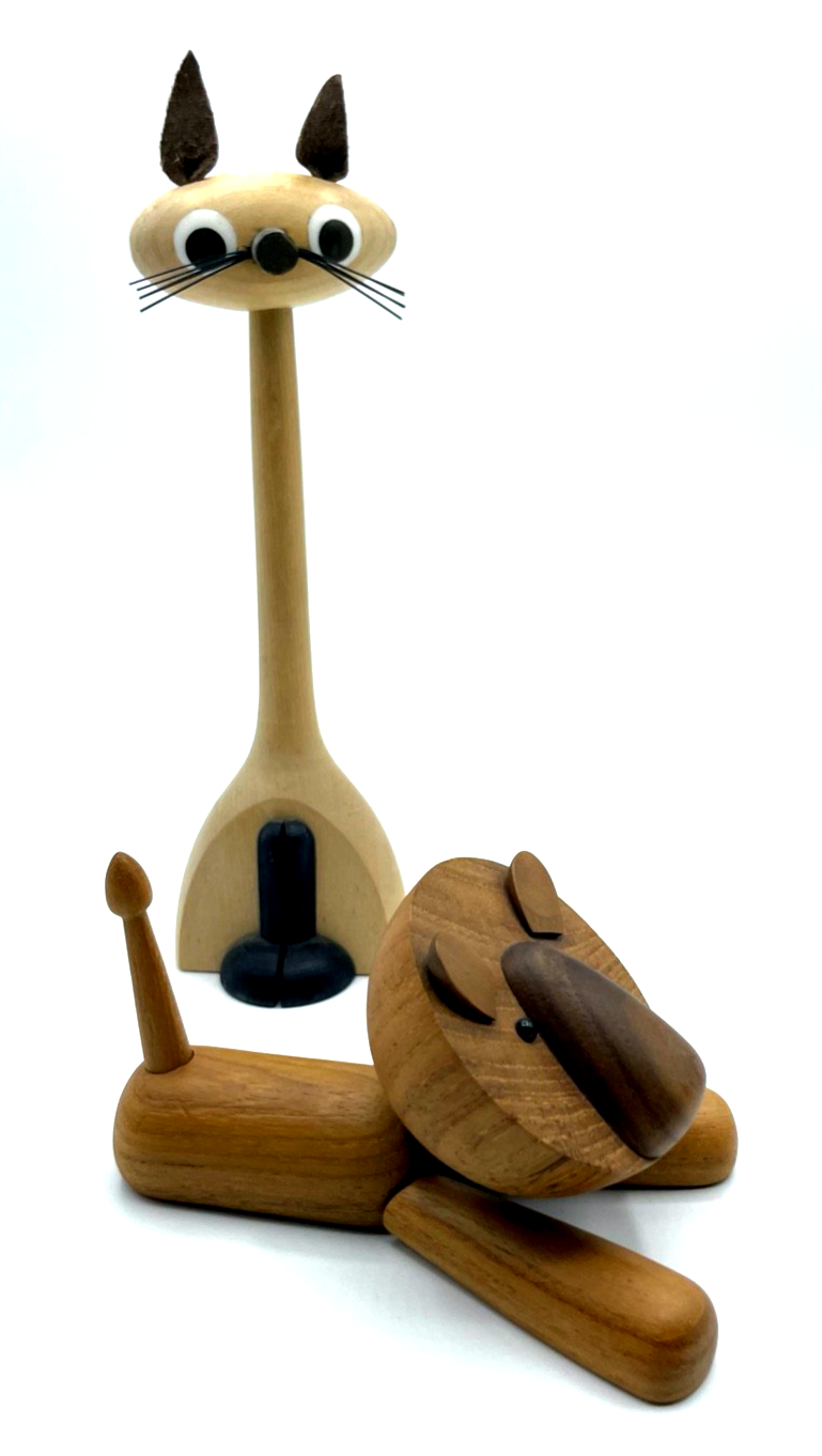 2x vintage Holzspielzeug Katze + Löwe Teakholz Handarbeit Skandinavien Design ?3