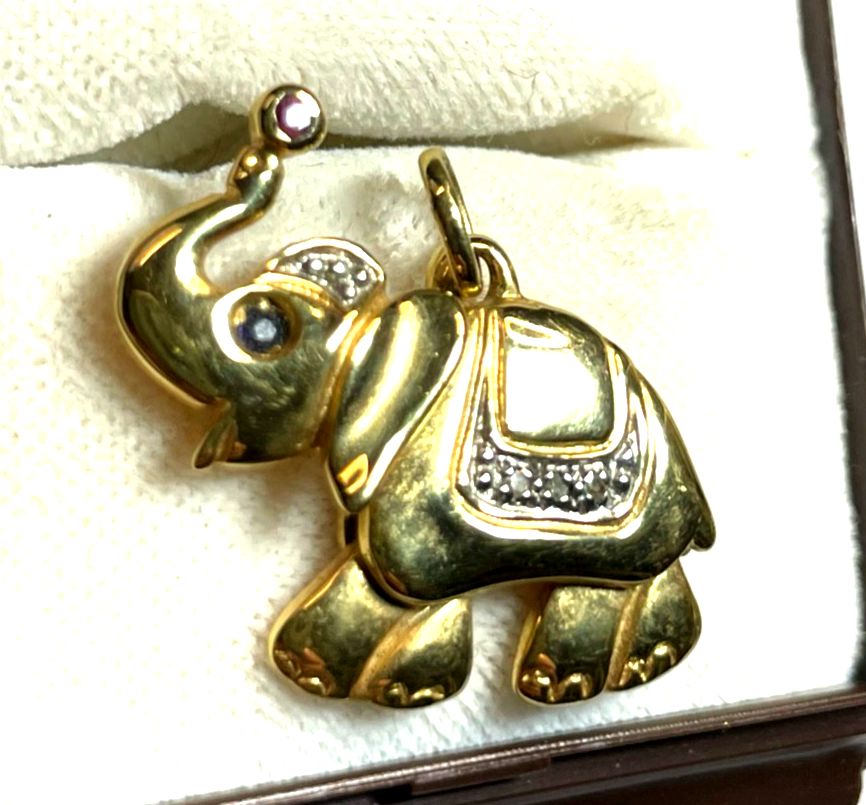 333 Gold 8 K Gelbgold Anhänger Charm Elefant beweglich + Farbsteine Juwelier1