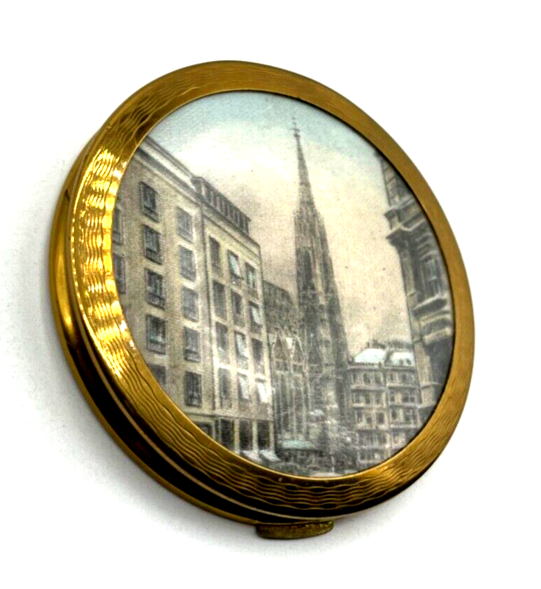 Vintage Puderdose aus Messing vergoldet 50erJ 60er Jahre Ulmer Münster auf Seide7