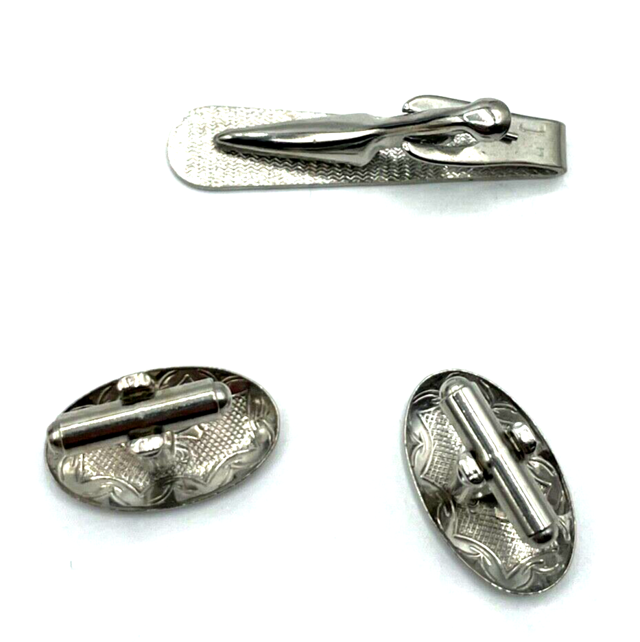 Vintage Set Manschettenknöpfe + Krawattenklammer mit Fleur de Lys Motiv gepfl.2
