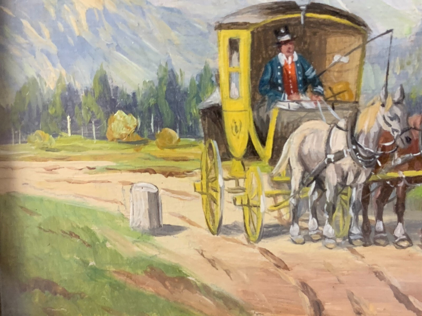 Karl Rohrhirsch 1875-1954 - Postkutsche vor dem Bauernhaus - Öl auf Holz - sign.5