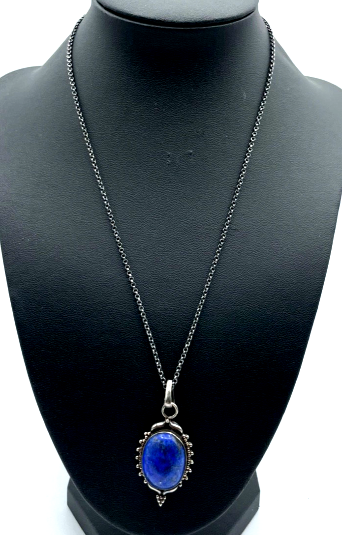 Vintage 835 Silber Anhänger Lapislazuli Cabochon Amulett an Silber Erbskette1