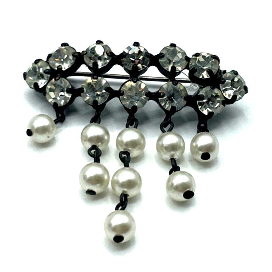 Strass Brosche Schwarz Transparent Kristall + Faux Perlen Abhängung 30er Jahre3
