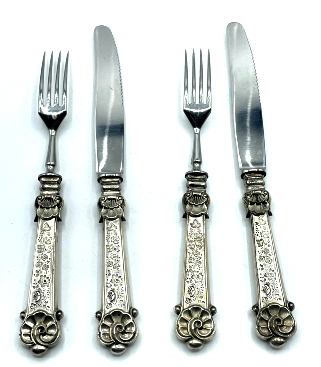 Antik 2 Gabel + 2 Messer mit Silber Griff wunderschönes Renaissance Dekor gepfl.5