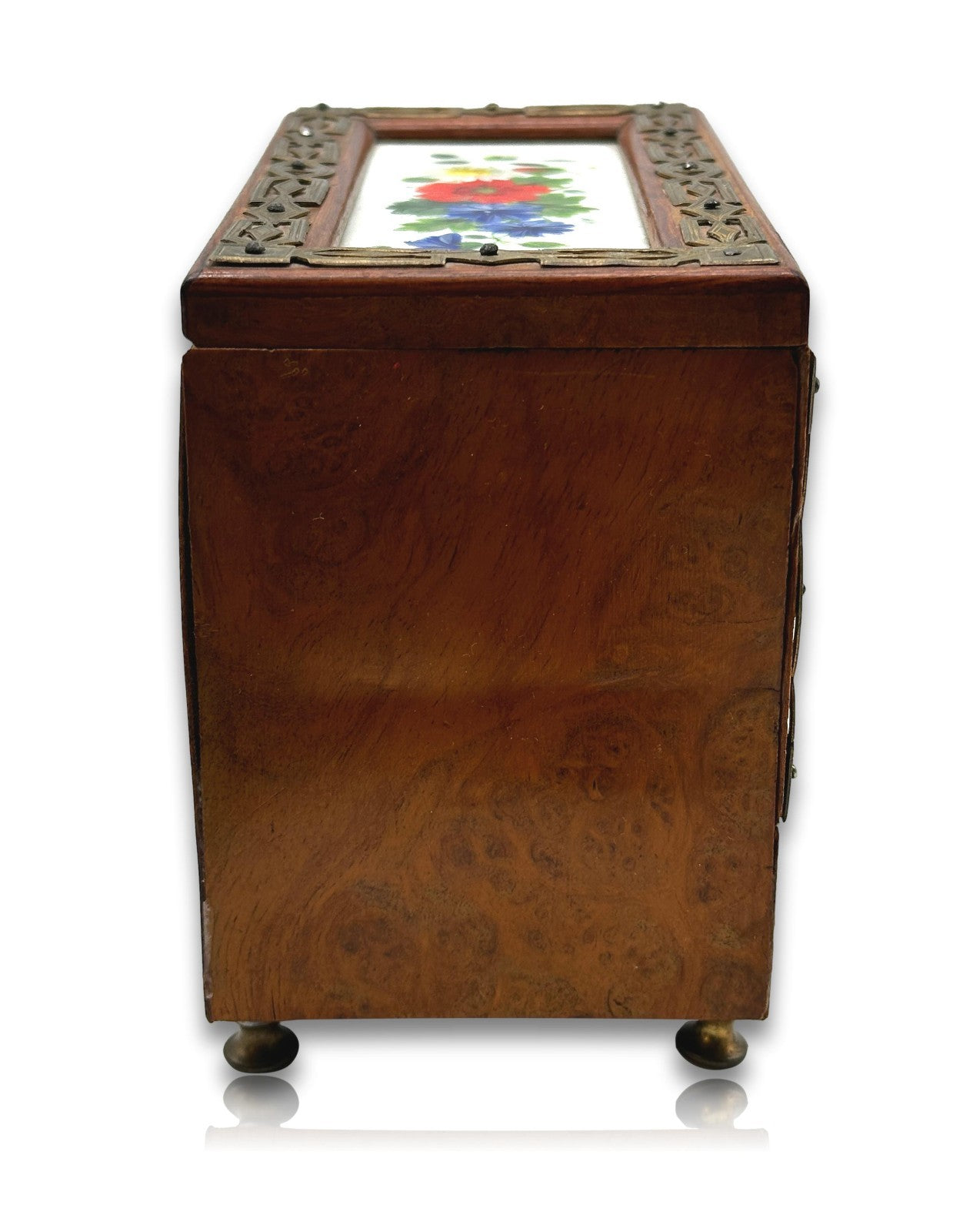 Jugendstil - Reisetantalus um 1900 Nussfurnier Messing Porzellan 3 Flakons antik8