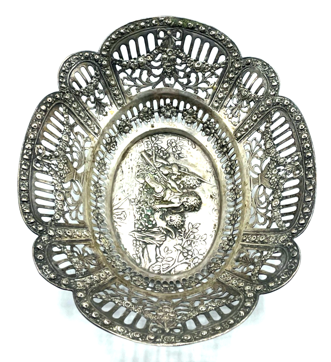 Antik 800 Silber Körbchen Anbietschale Durchbruch Putten Rosen Dekor L 21,2 cm14