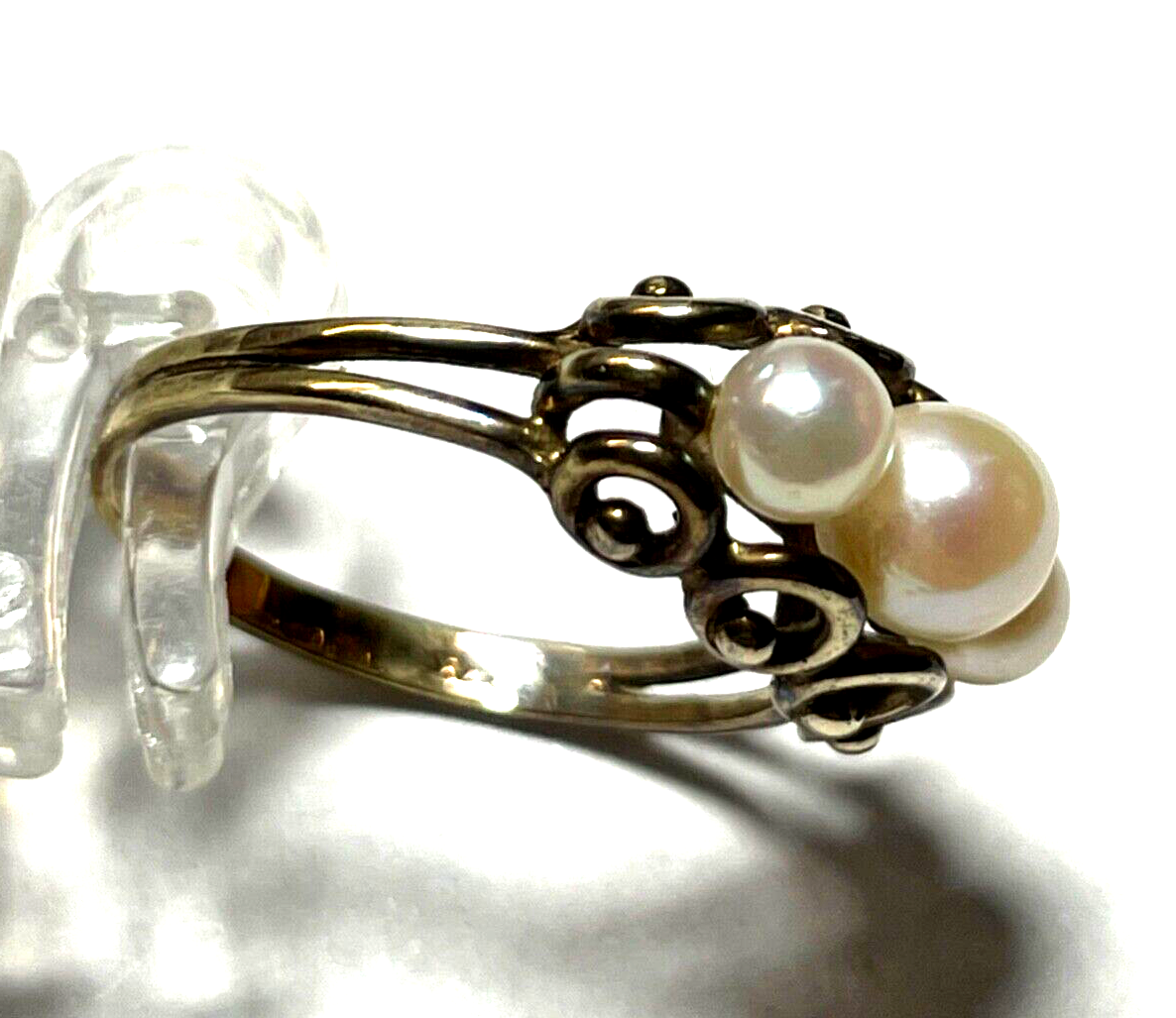 Antik 333 Gold 8 K Ring 3 x echte Perle 17 mm RG 54 Juwelier aparte Fassung2