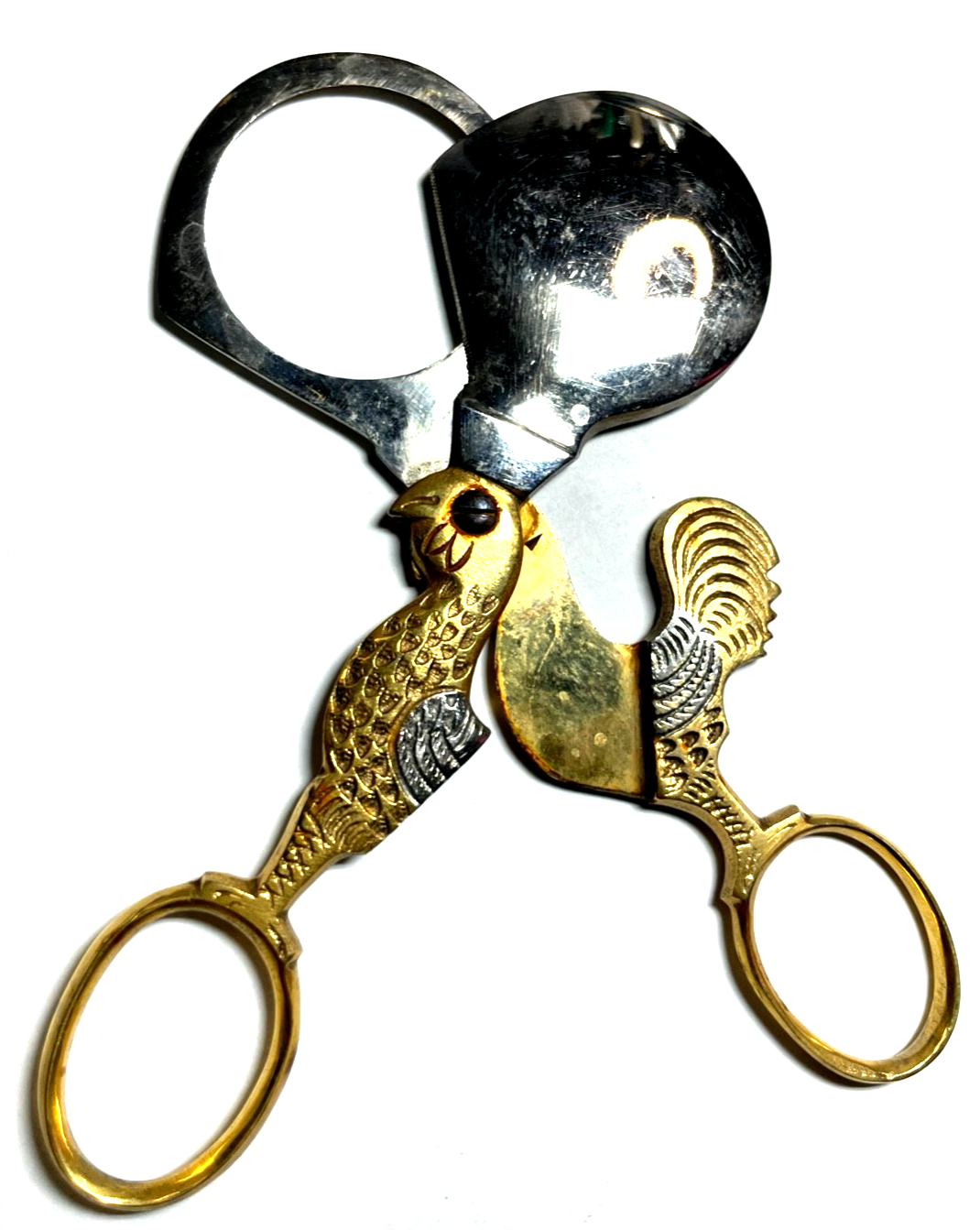 Antik Eierschere Eierköpfer Metall teilvergoldet Hahn3
