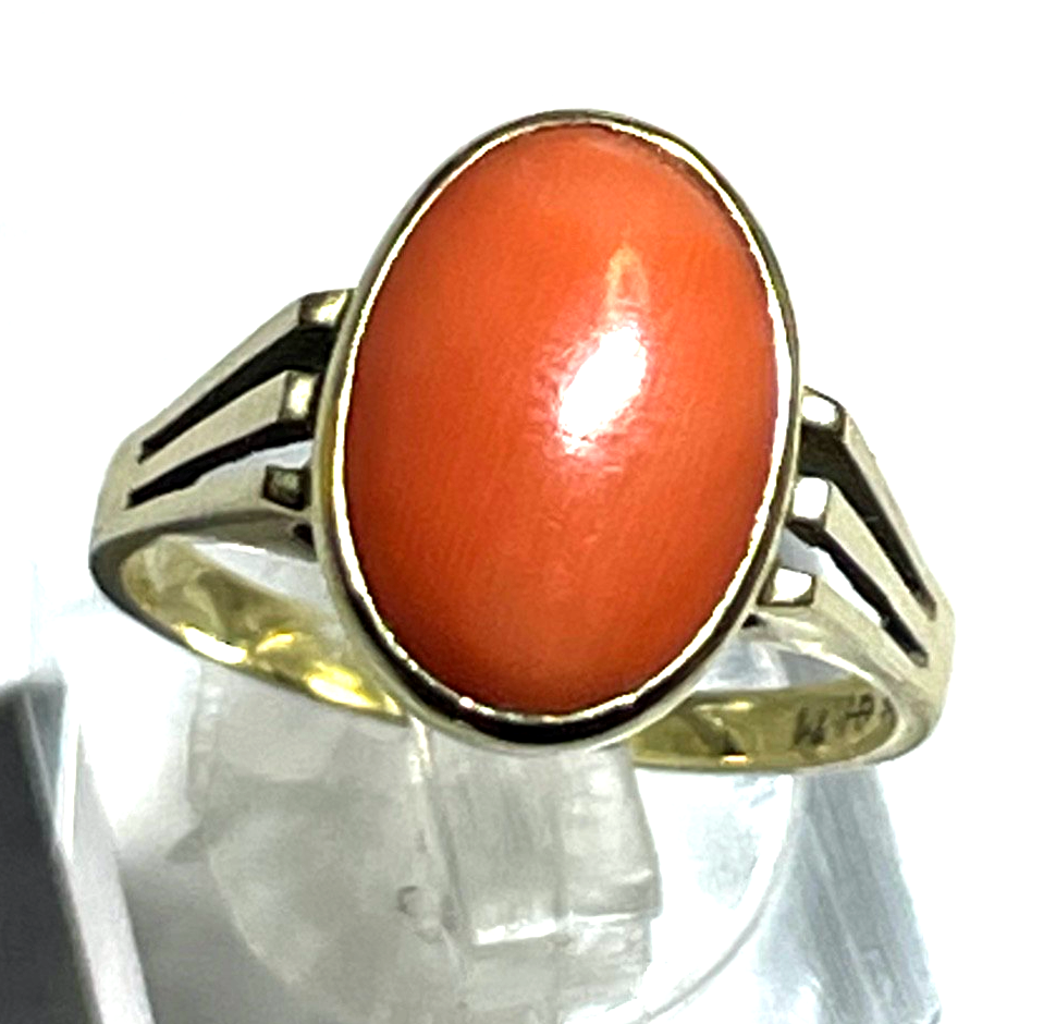 Solider 585 Gold 14 K Ring 19 mm RG 60 Natur Lachs Koralle Cabochon Juwelier7