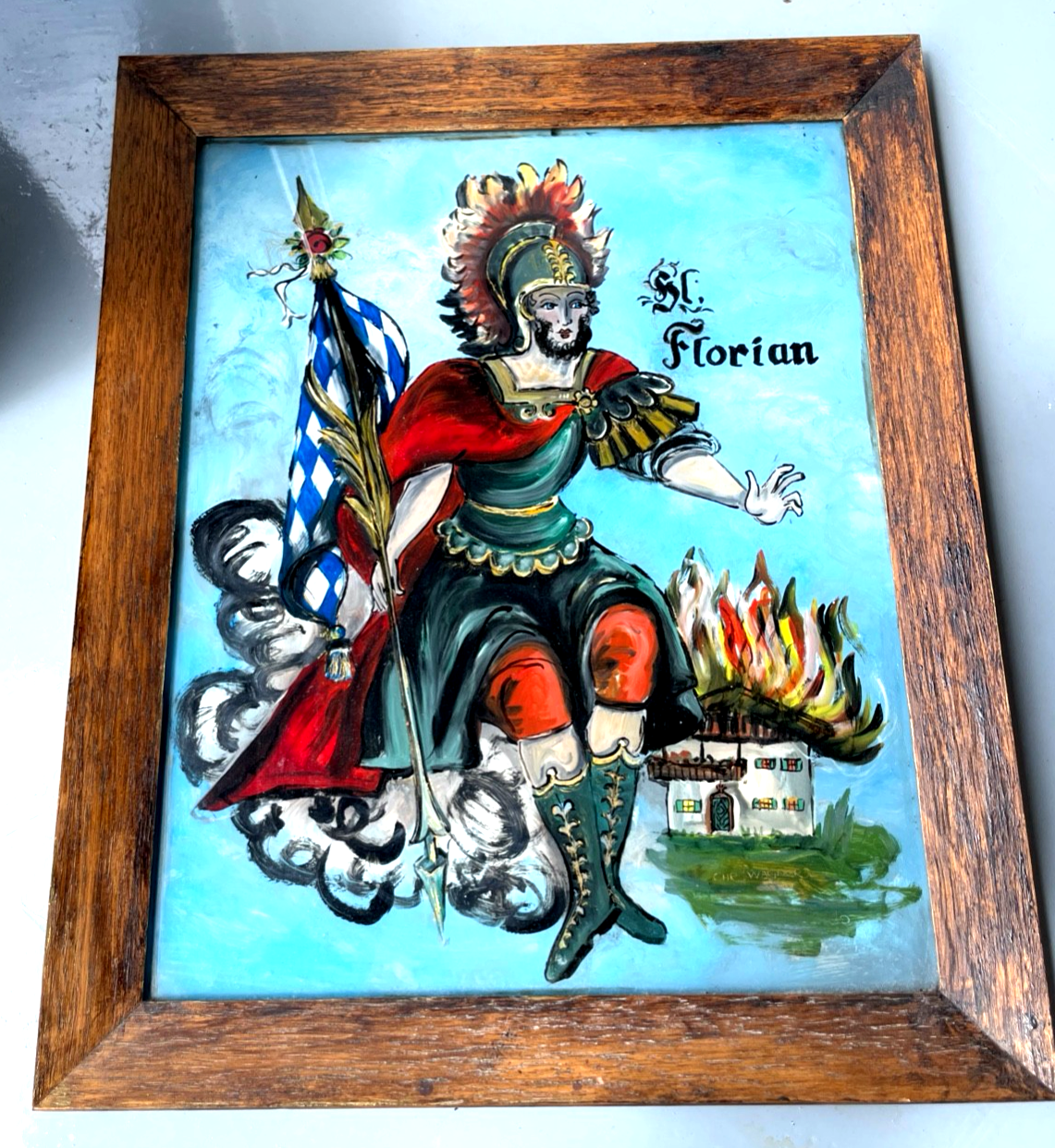 Große Hinterglasmalerei Hinterglasbild Schutzpatron Hl. Florian gerahmt H 36 cm0