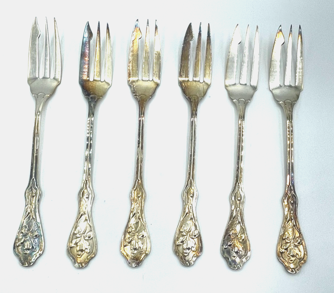 6 x Jugendstil WMF Gabel Kuchengabel Modell 27 Lilie Wasserlilie sehr gepflegt0