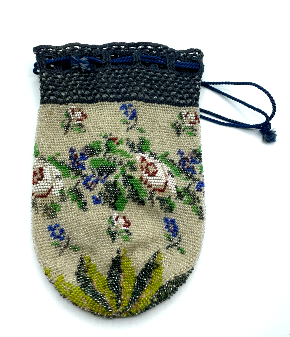 Antik Pompadour Glasperlen Tasche Perlenbeutel Handarbeit Perlentasche um 19000