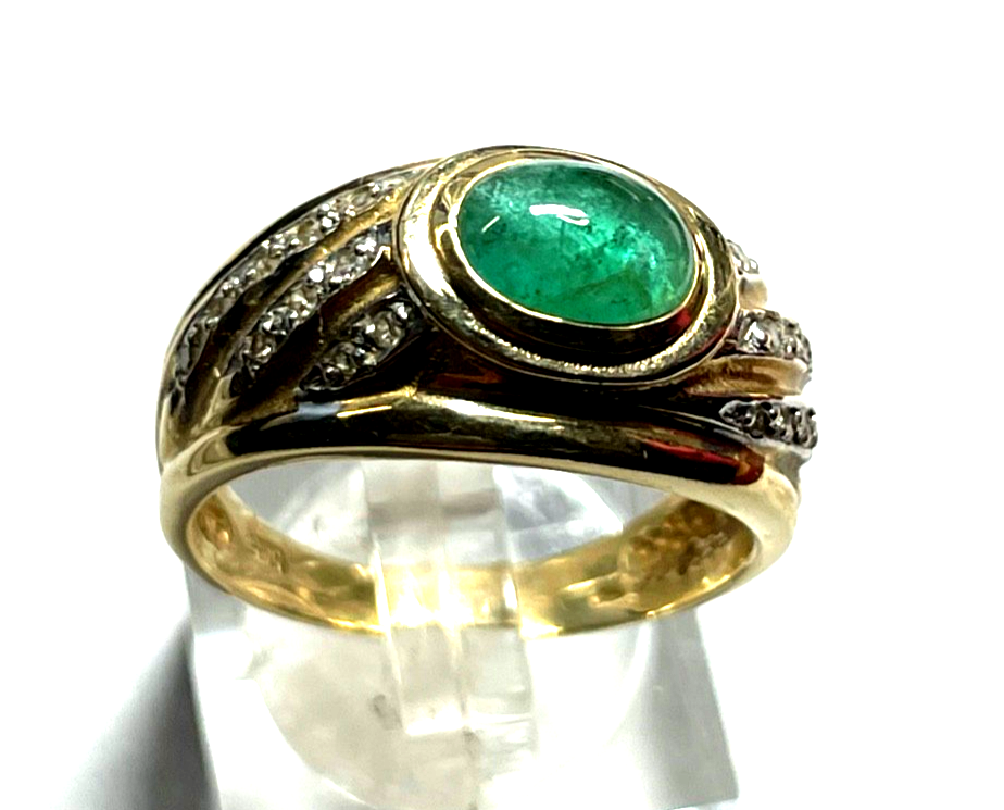 585 Gold 14 K Ring mit Smaragd Cabochon + Brillanten RG 58 Ø 18,5 mm sehr gepfl.0