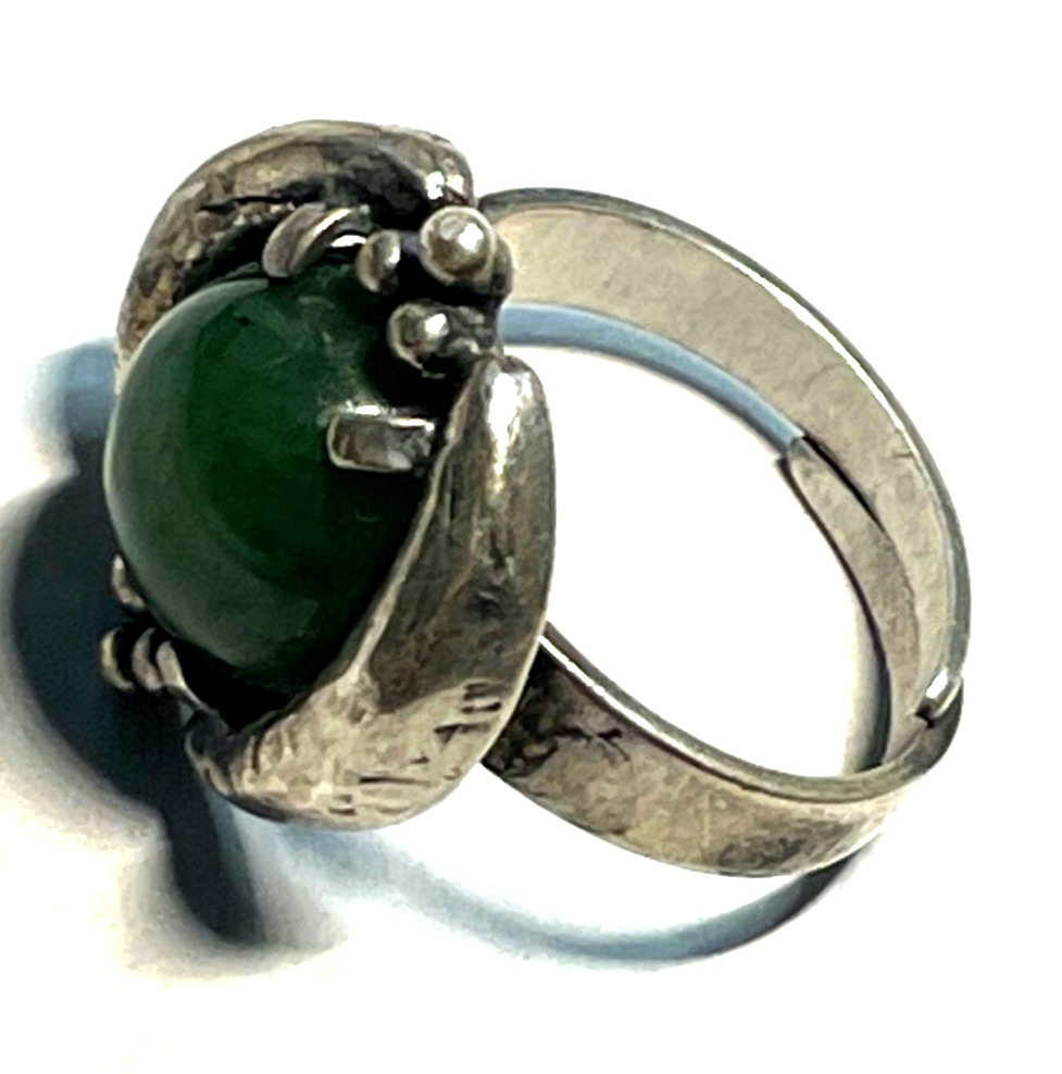 Brutalist Modernist 70erJ Silber Ring TEKA Design grüne Jade offene Ringschiene7