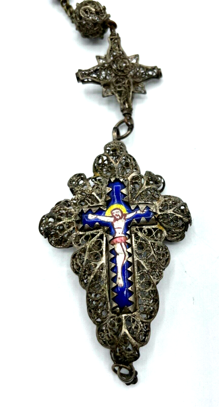 Antik Biedermeier Rosenkranz Filigran + Emaille Granat Perlen teilweise Silber6