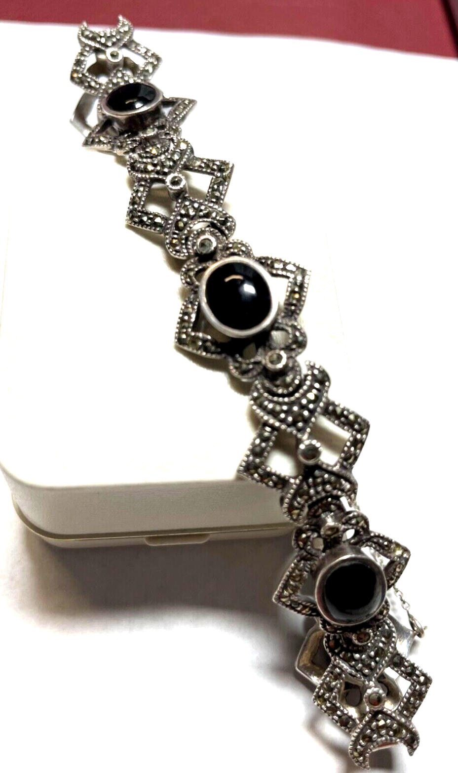 Traumhaftes solides 925 Silber Armband Handarbeit schwarzer Onyx + Markasit1