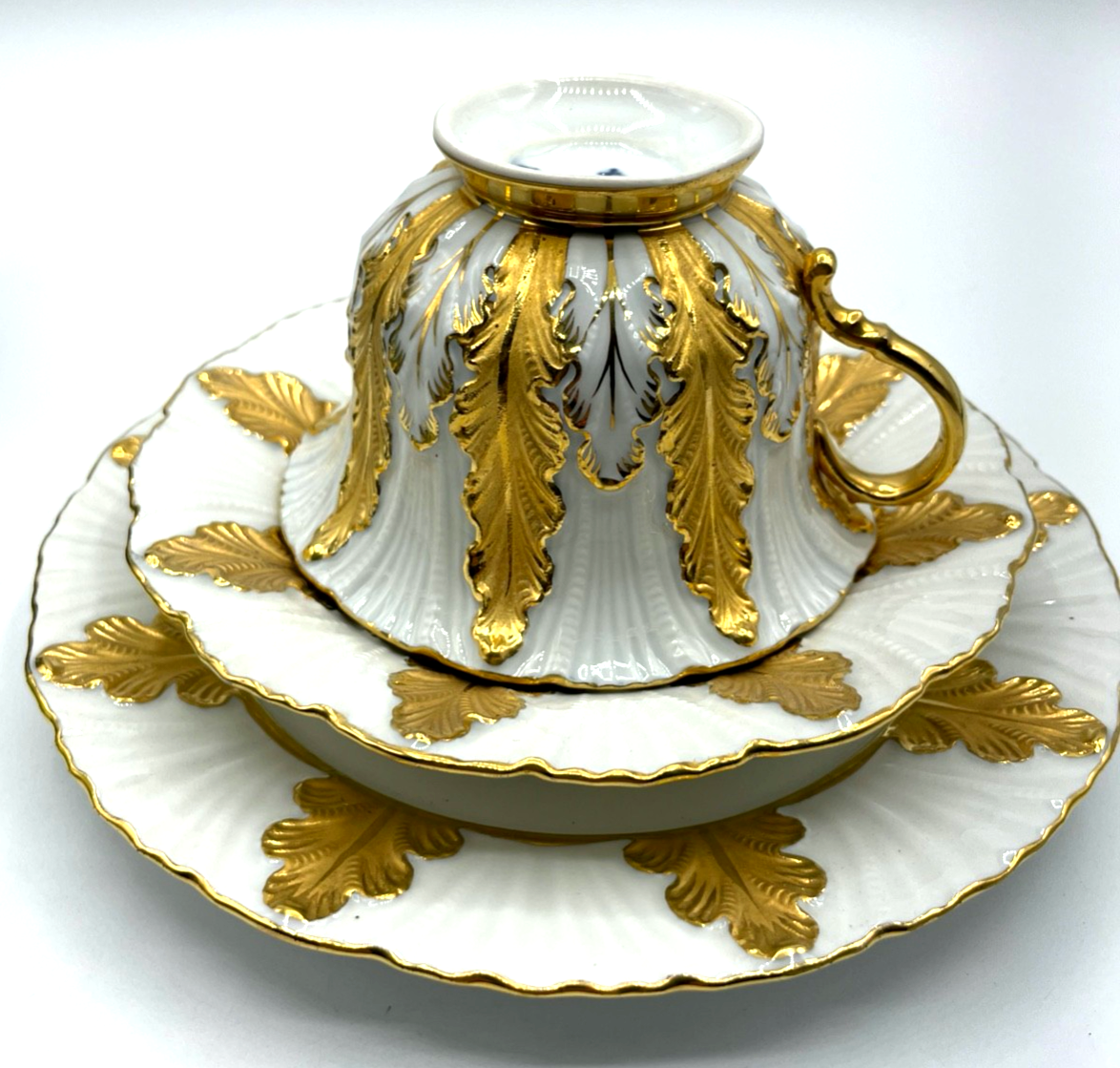 Antik Meissen Porzellan Gedeck I. Wahl Eichenlaub Gold Sammeltasse 3tlg. 1A Zust1