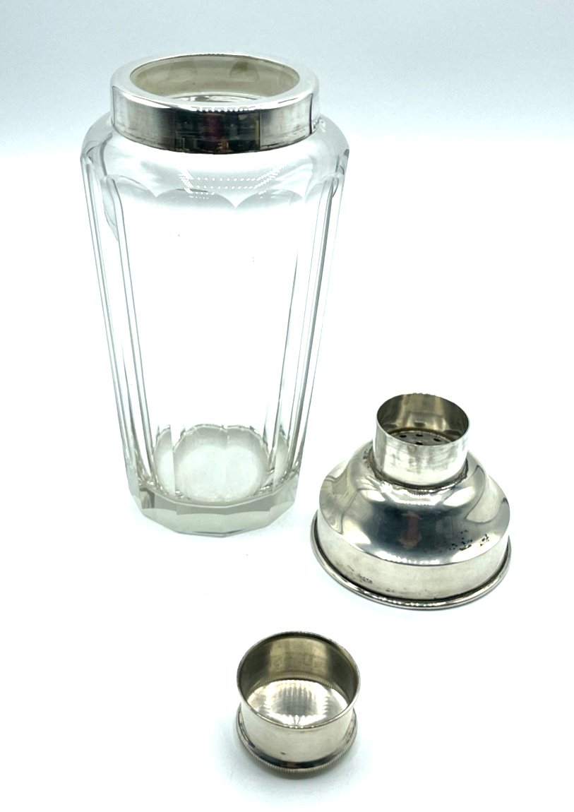 Antik Cocktail Shaker Kristallglas 800er Silber Rand und Deckel Topzustand0