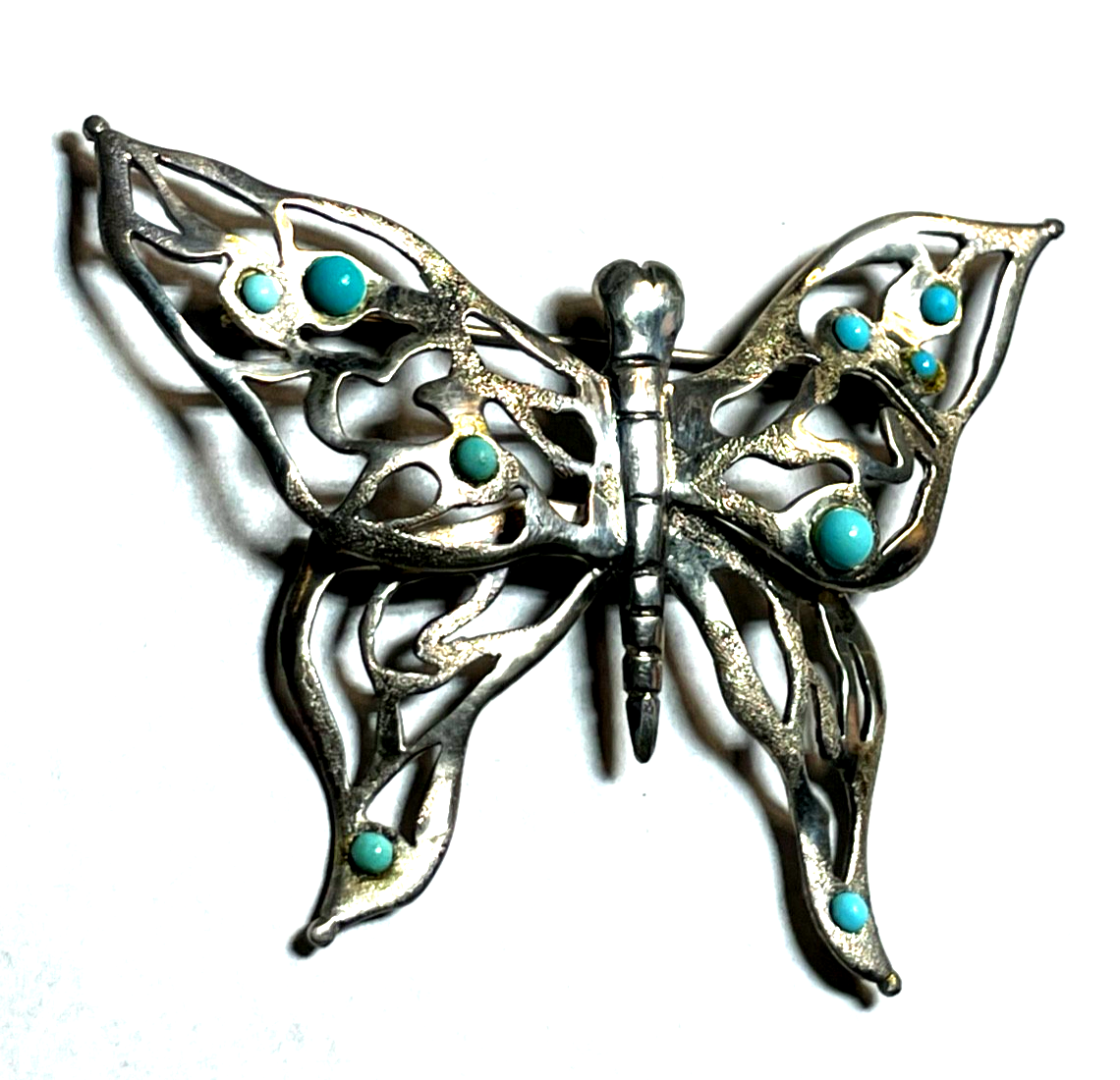 Gr. 925 Sterling Silber Schmetterling Brosche Anhänger mit 9 Türkisen Handarbeit3