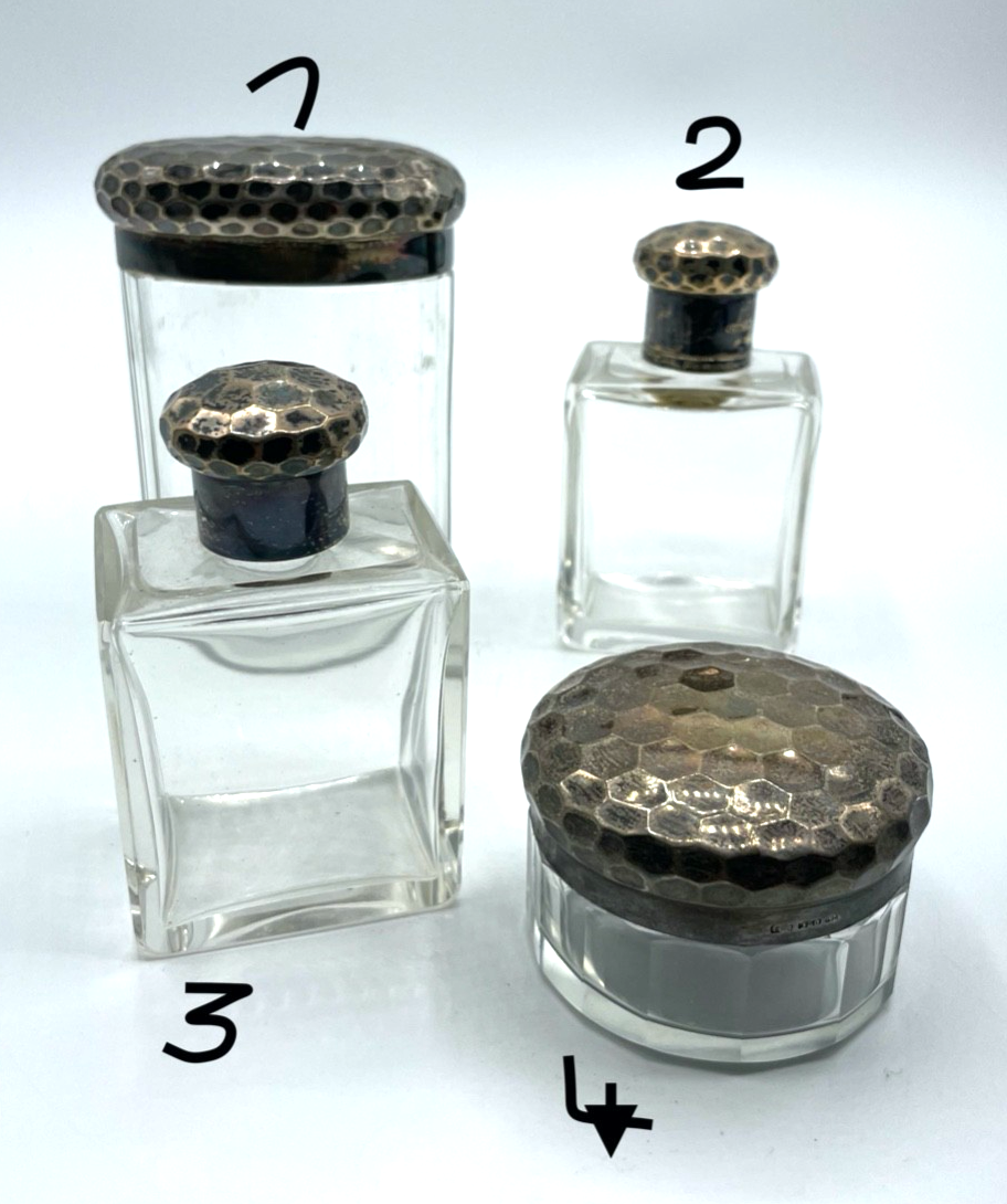 Antik 4 Tlg. Toiletten Garnitur Kristall Glas Behälter mit je 950 Silber Montur11