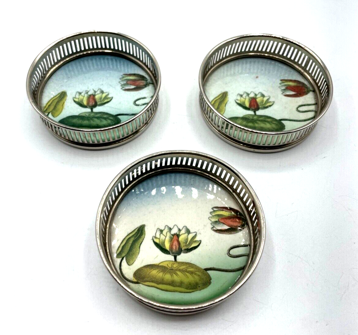 3 Jugendstil Glas Untersetzer Keramik Metallrahmen Wasserlilie Seerose Motiv1