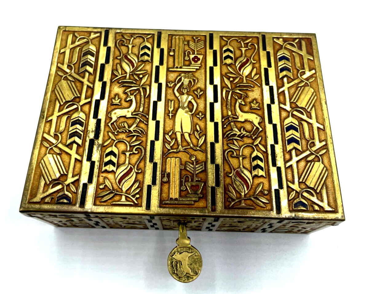 Art Déco Erhard & Söhne Schatulle Box Messing farbig mit Schlüssel orig. 30er J2