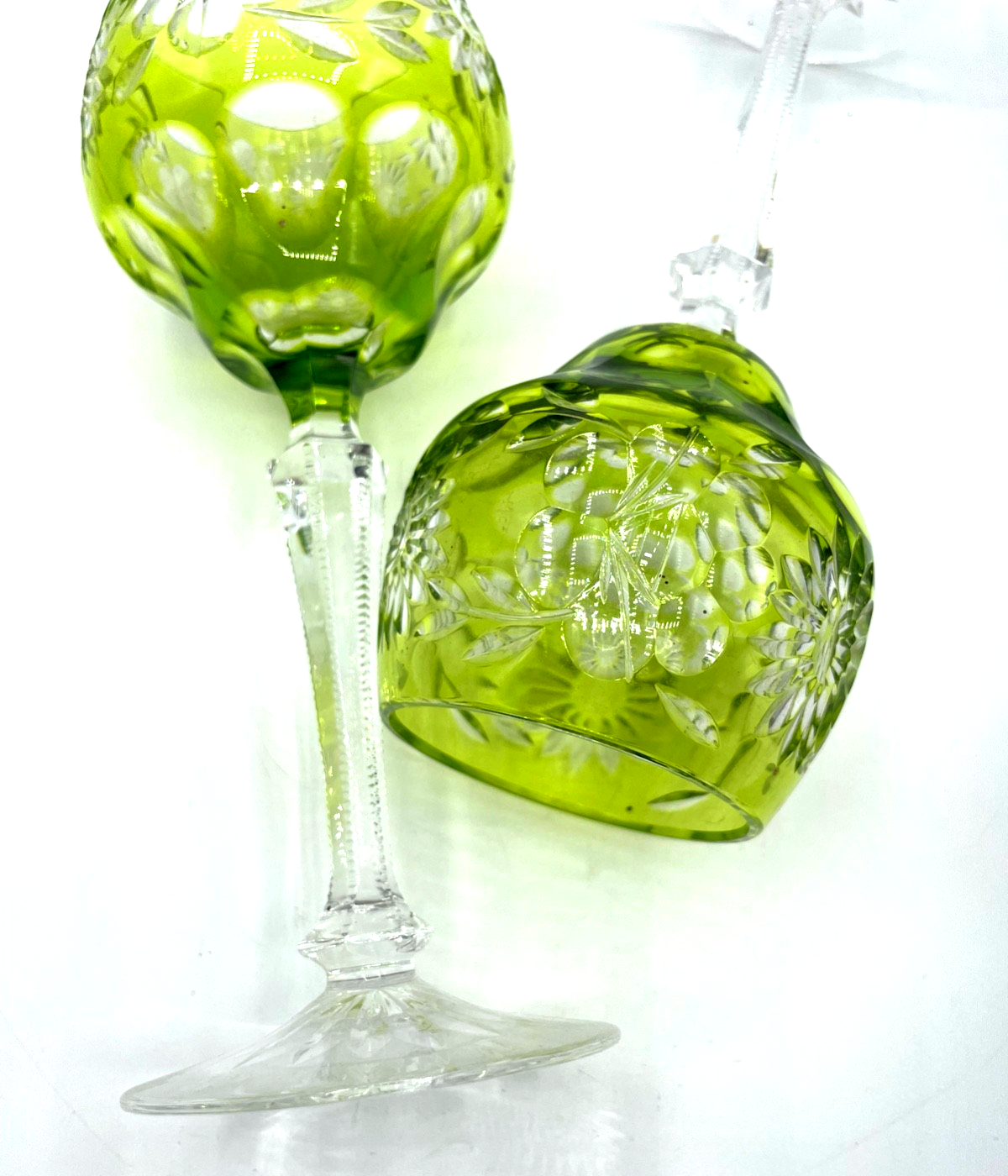 2 vintage Bleikristall Weingläser Römer Handschliff floral Dekor grün H 21 cm4