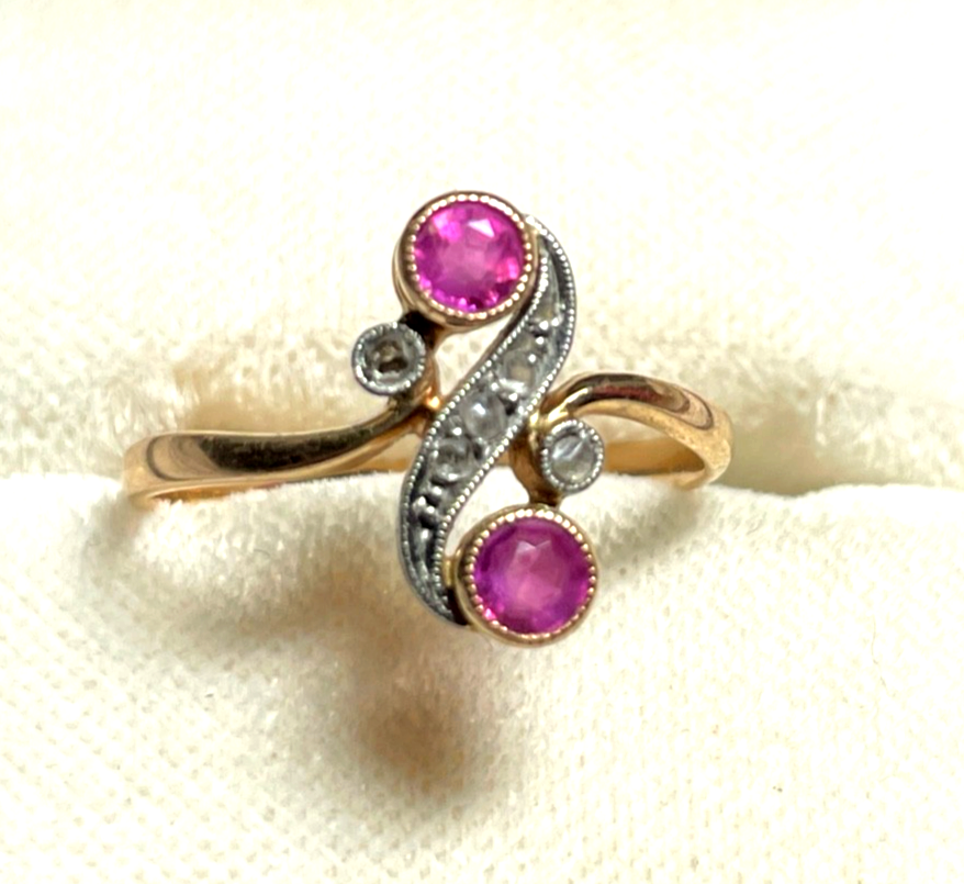 Aparter antik Roségold 585 Ring Rubin Diamant Rosen Ø 16,9 mm RG 53 Juwelier0