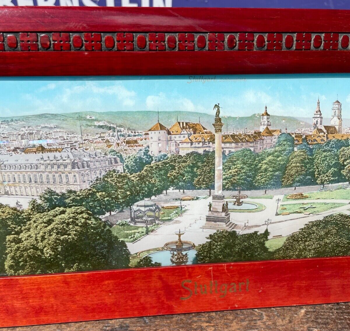Jugendstil gr Souvenir Bild Stuttgart gerahmt Perlmutt Reiseandenken 1900 L 48cm4