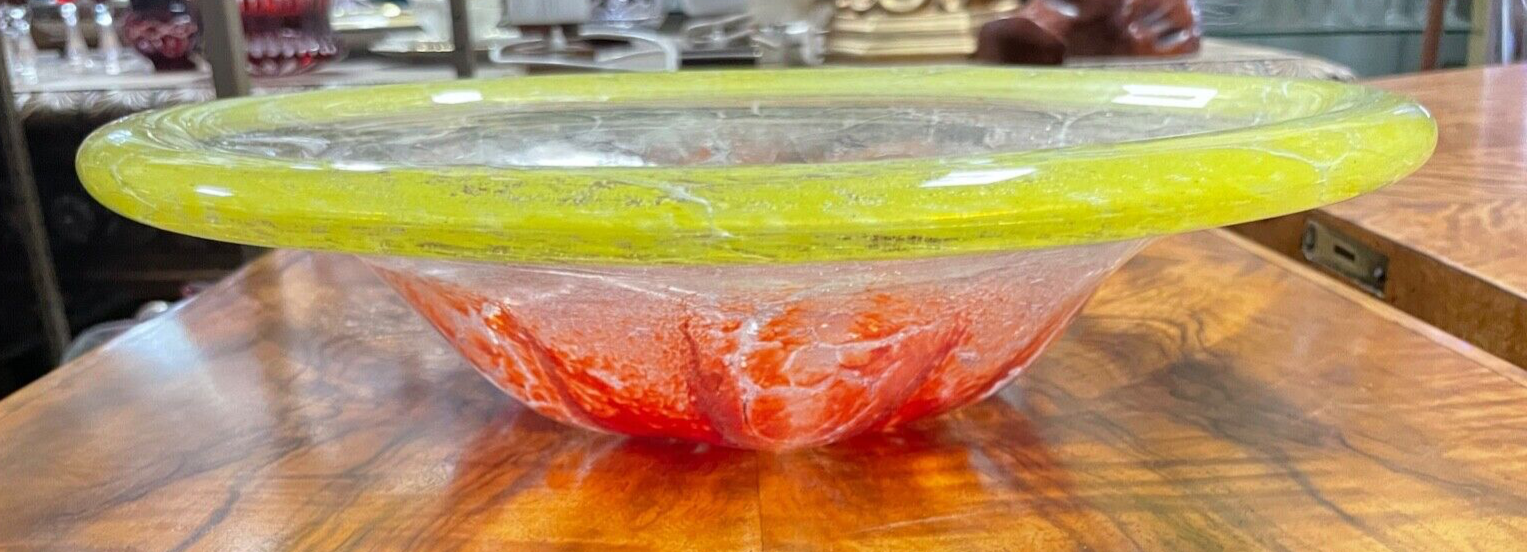 Antik IKORA Glas WMF Uranglas Schale 1A Zustand Ø 32 cm intensiv rot + neongelb10