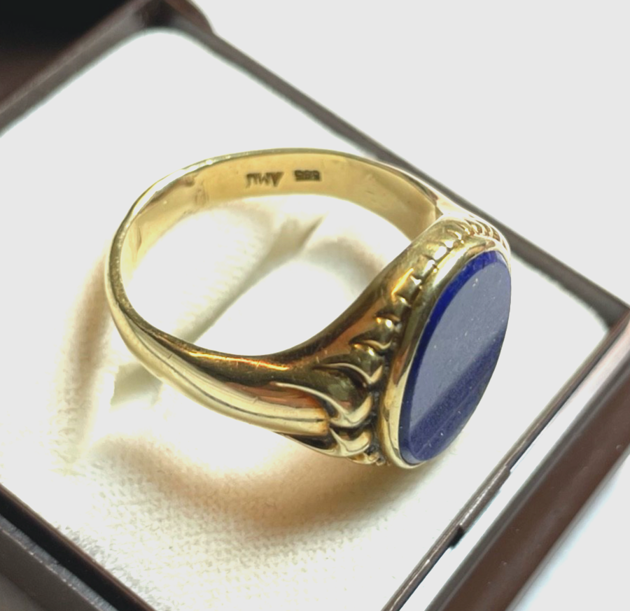 Antik 585 Gold 14 K Herrenring Ring Siegelring Lapislazuli Platte Ø 21 mm RG 663