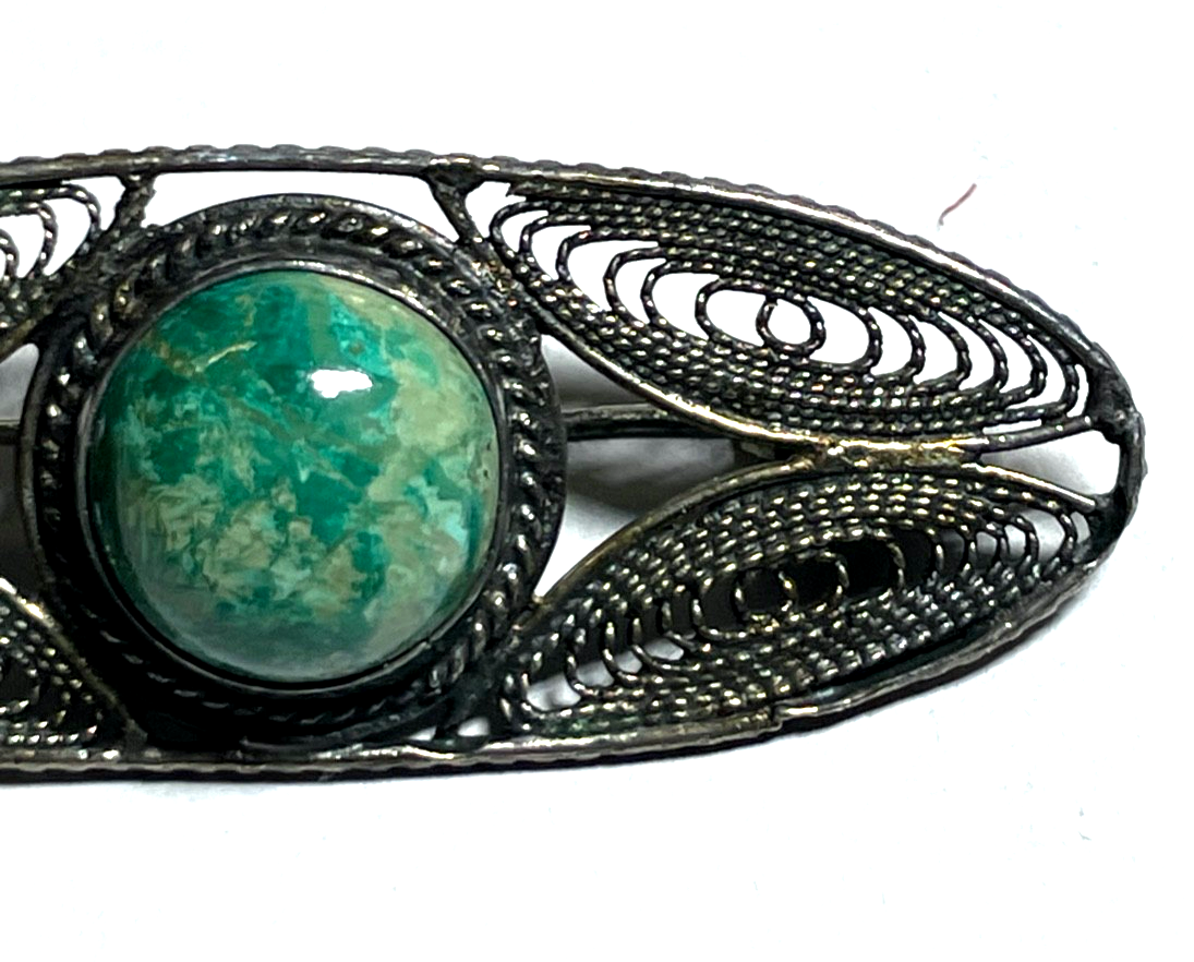 Vintage filigrane 930 Silber Brosche mit rundem Eilat Cabochon Handarbeit3