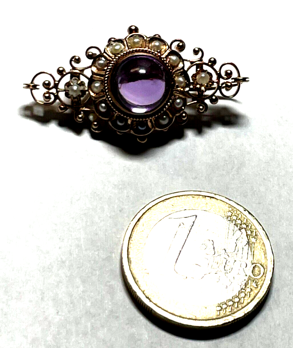 Antik 8 K Gold 333 Brosche Amethyst Cabochon Orientperlen Historismus Saatperlen9