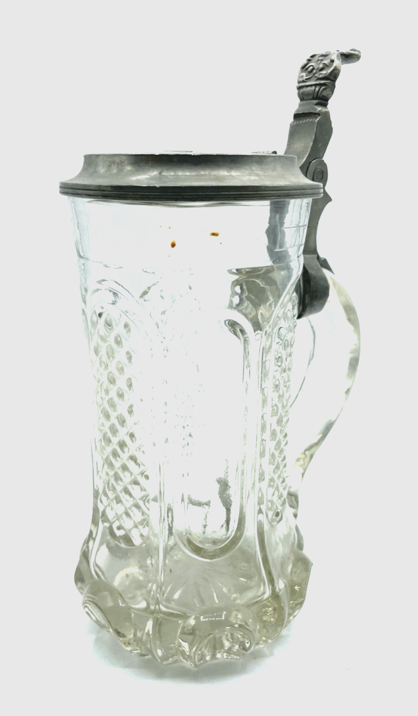 Gepflegter antik Pressglas Bierkrug Weinkrug Zinndeckel Bacchus Motiv 0,4 ltd.2