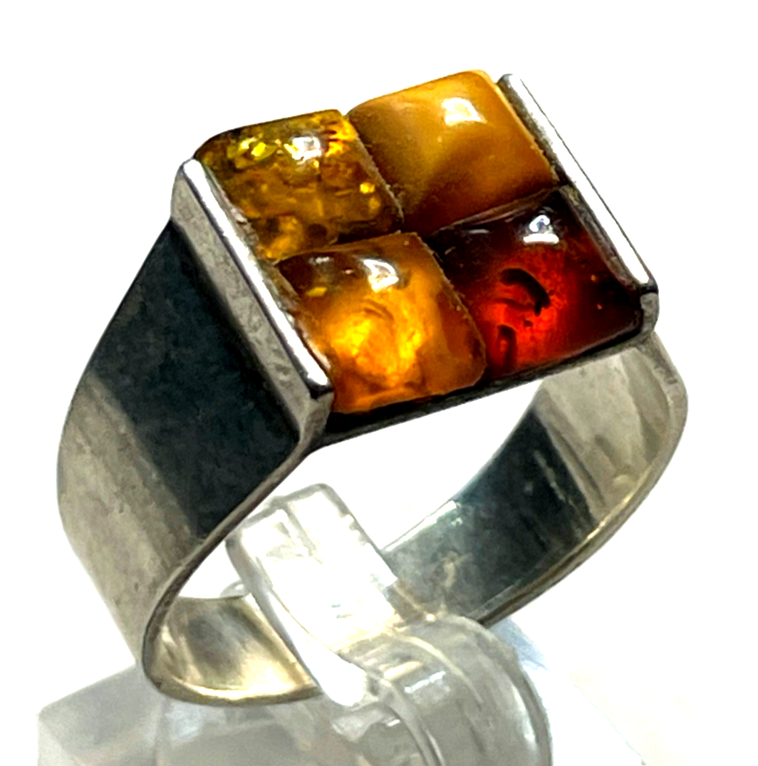 Aparter 925 Silber Ring Handarbeit 4 Bernstein Cabochon RG 65 Ø 20,6 unisex0