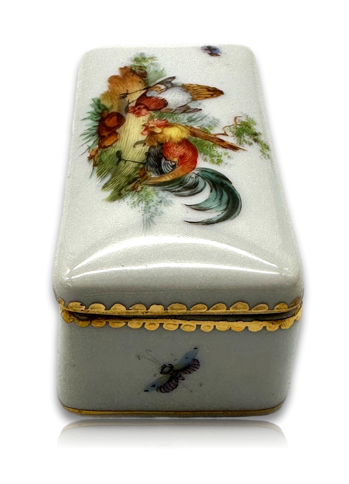 Antike Porzellan-Schatulle - Hahn-Dekor & Insektenmalerei - handbemalt - um 19007