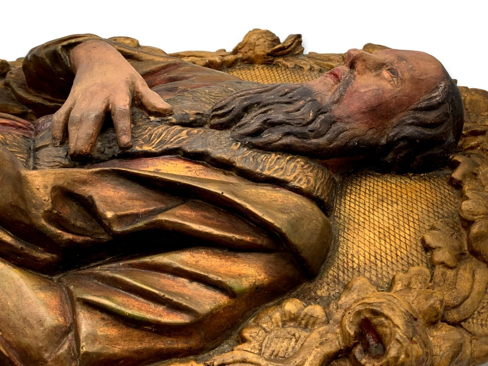 barocke Heiligen Figur Skulptur - Apostel mit Buch - gefasst - Reliefschnitzerei6
