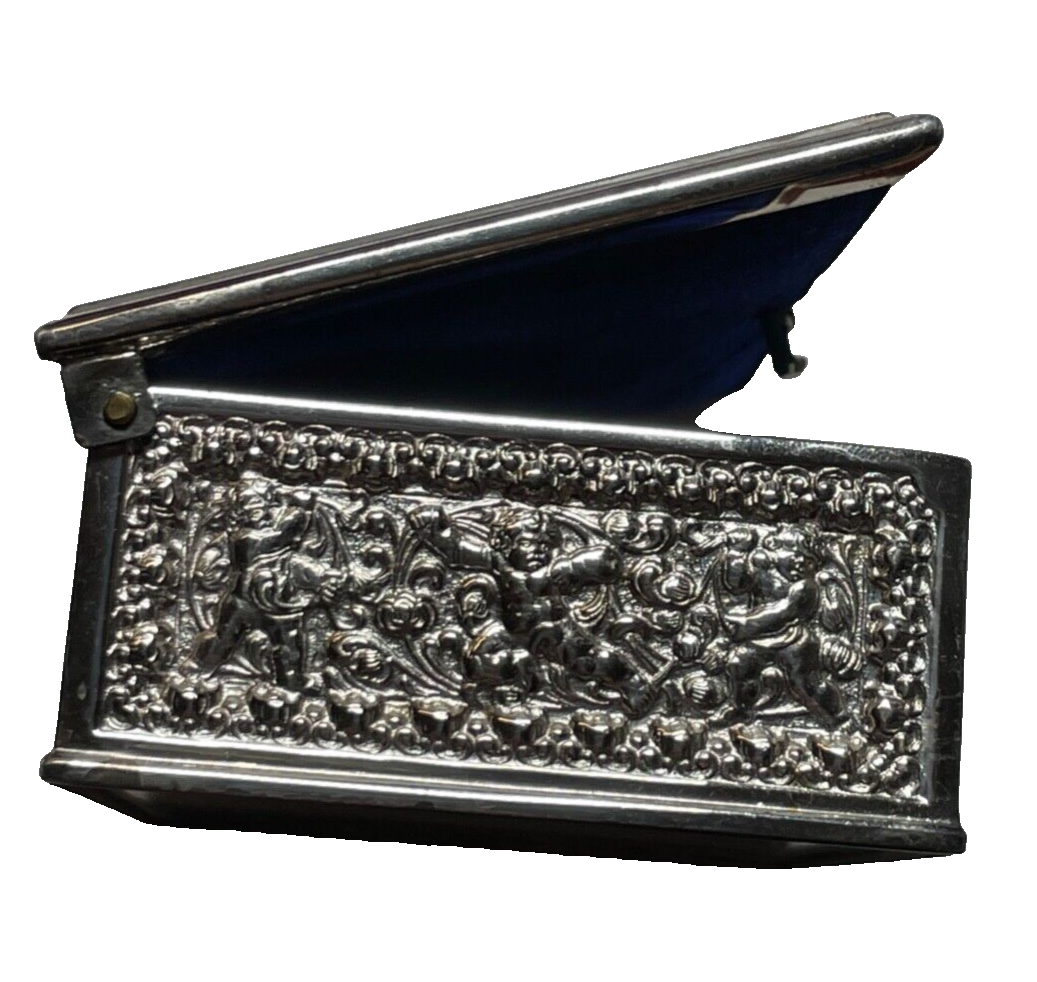 Kleine alte Erhard & Söhne Schatulle Silber farb. Putten Engel Dekor rar Metall6