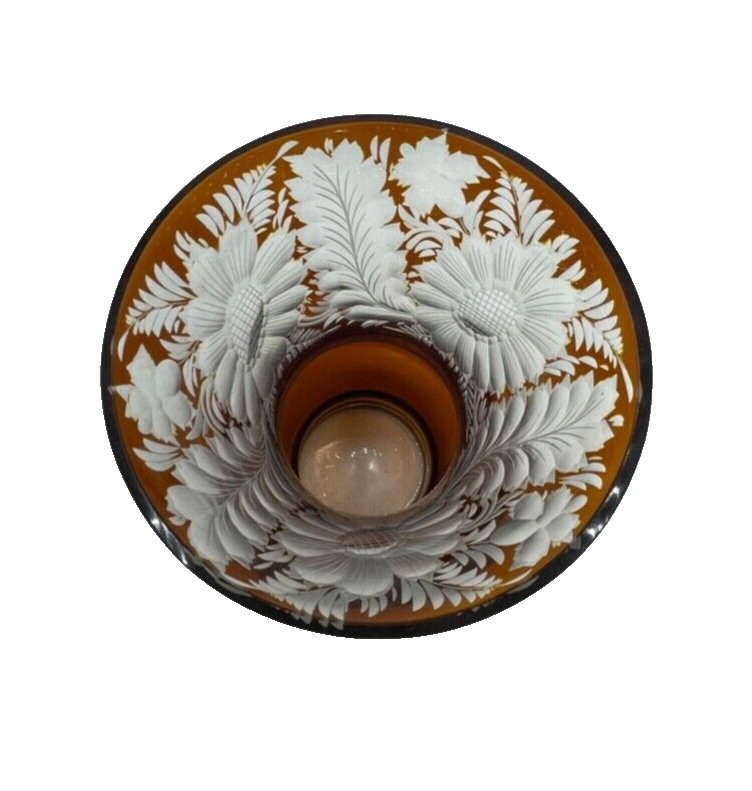 Vintage Böhmen Kristall Glas Vase florales Ätzdekor Cognac farbig Überfang H21cm1